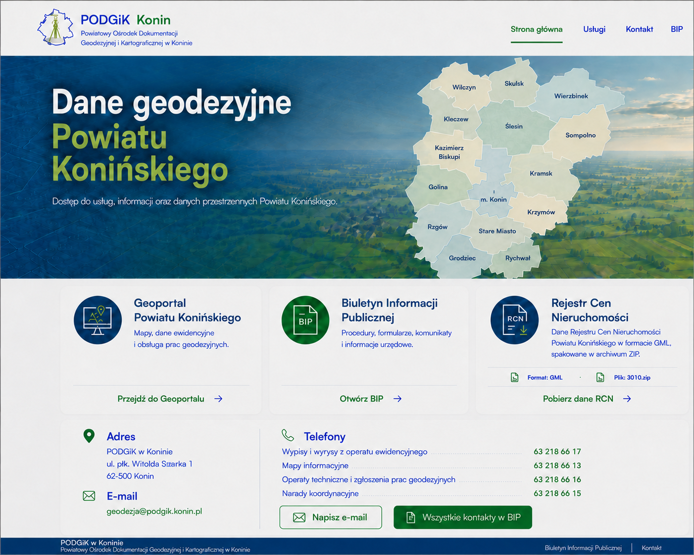 PODGiK Konin – dostęp do Geoportalu, BIP, Rejestru Cen Nieruchomości i danych kontaktowych